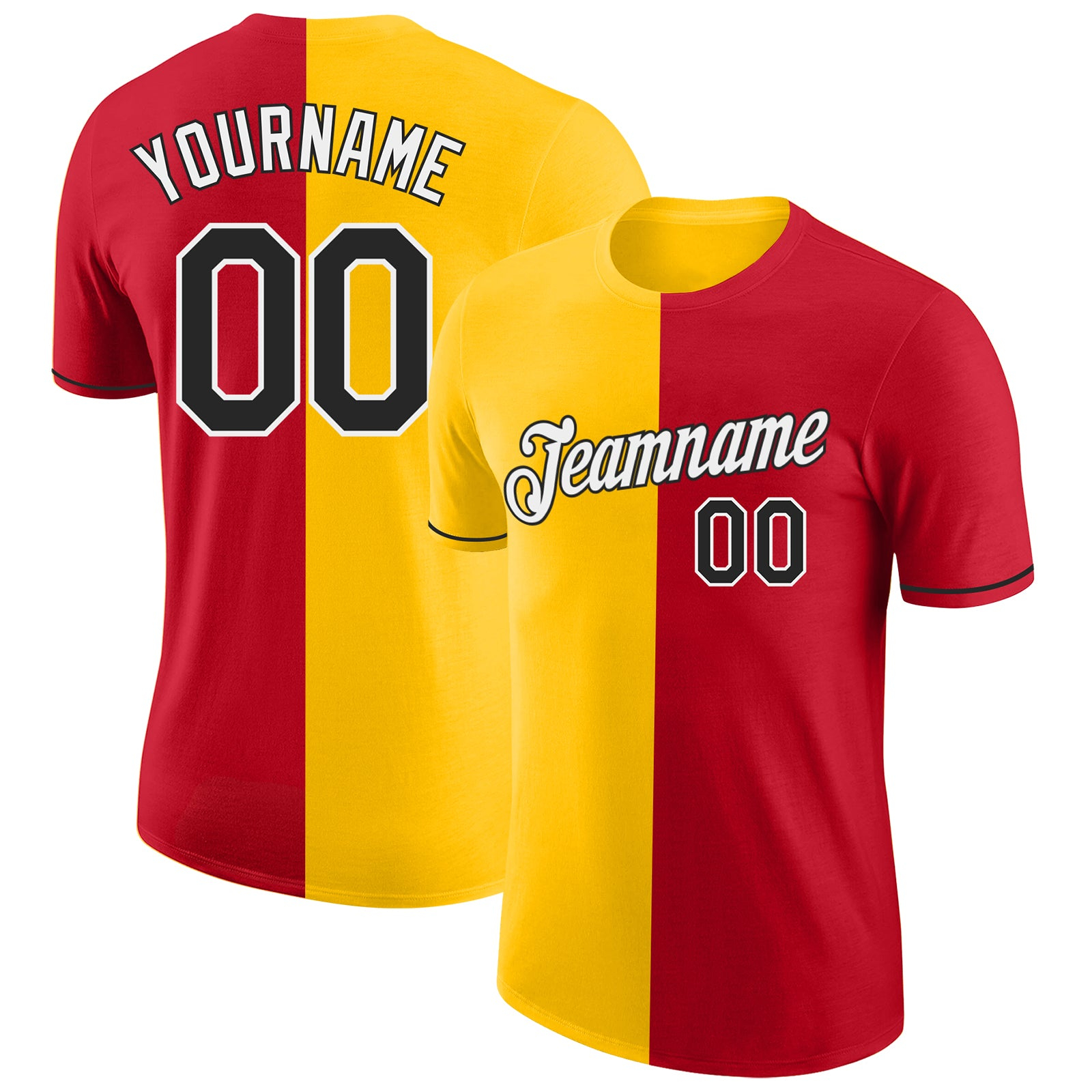 Custom Red Black-Yellow Split Fashion Performance T-Shirt