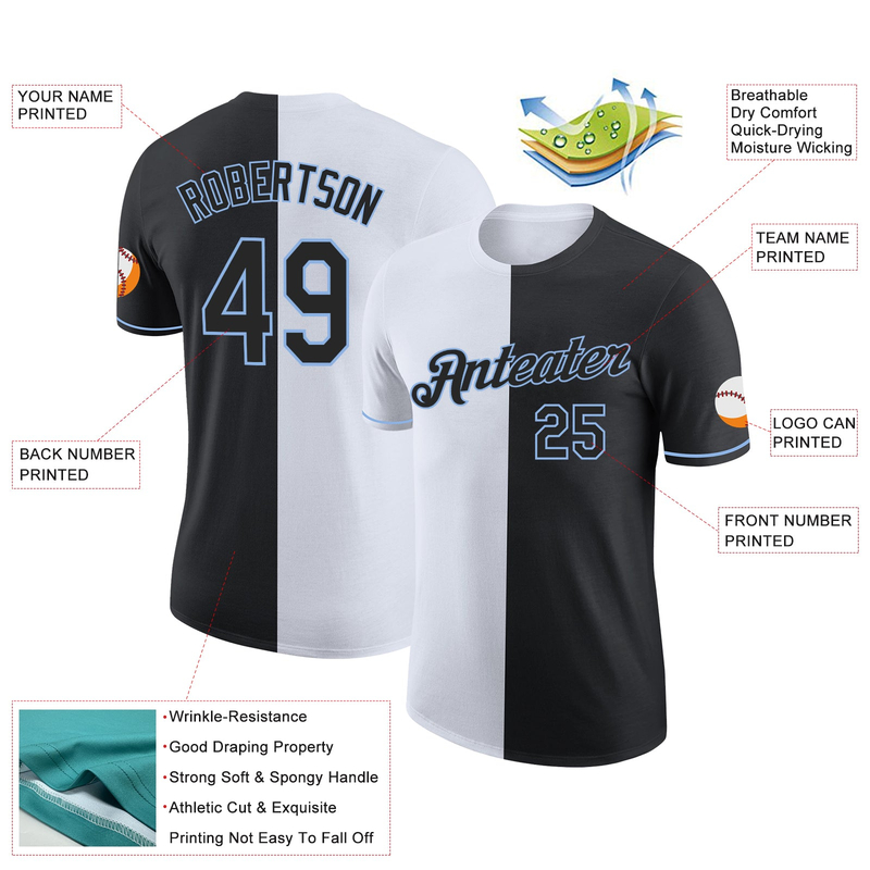 Custom Black White-Light Blue Split Fashion Performance T-Shirt