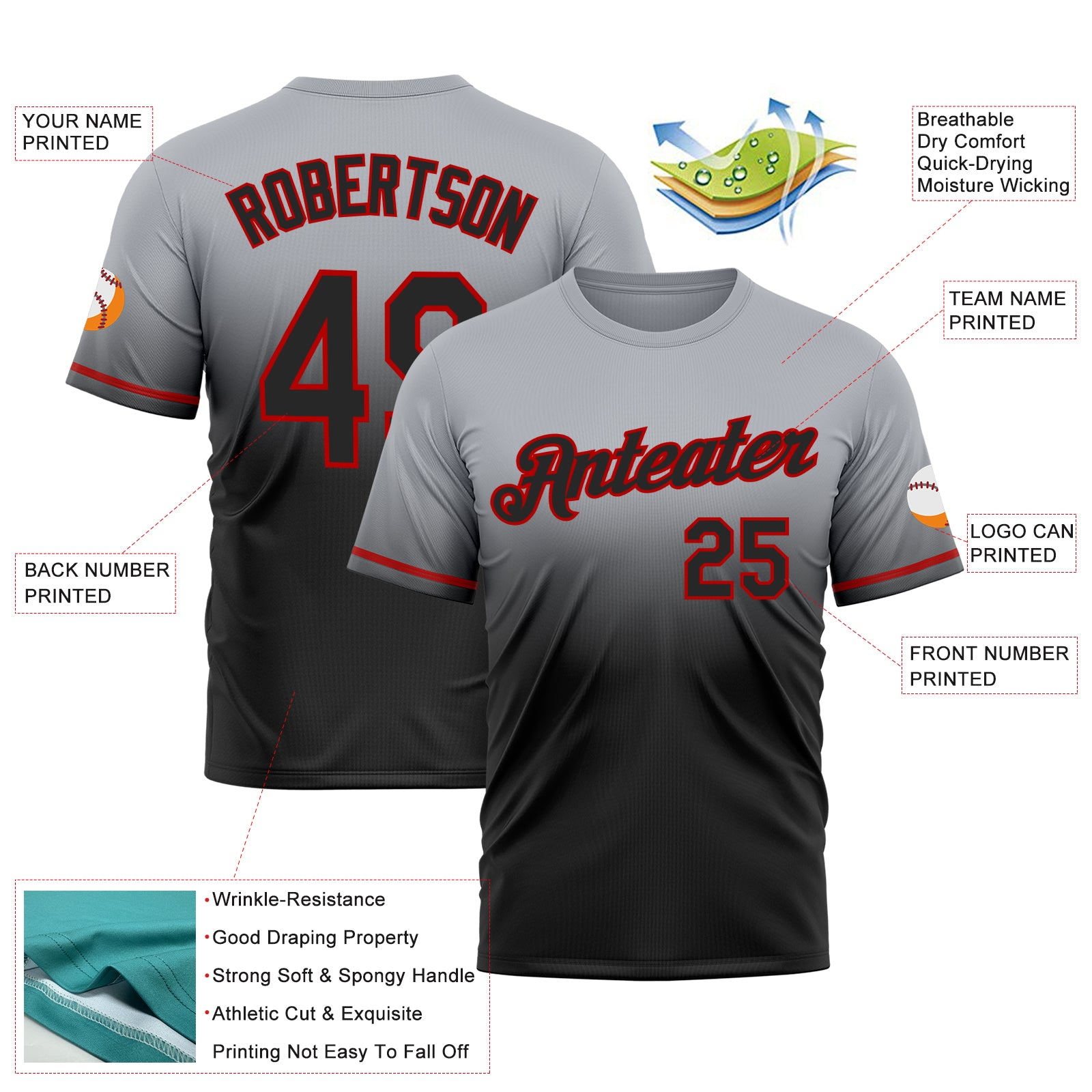 Custom Gray Black-Red Fade Fashion Performance T-Shirt