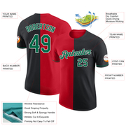 Custom Black Kelly Green-Red Split Fashion Performance T-Shirt