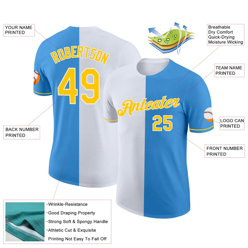 Custom Powder Blue Yellow-White Split Fashion Performance T-Shirt
