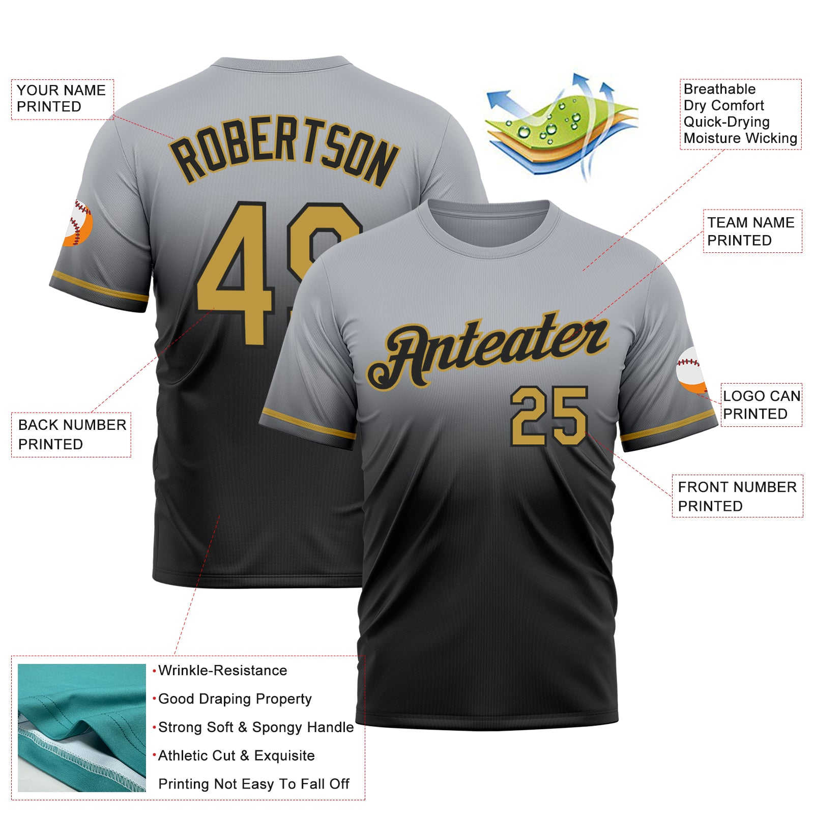 Custom Gray Old Gold-Black Fade Fashion Performance T-Shirt