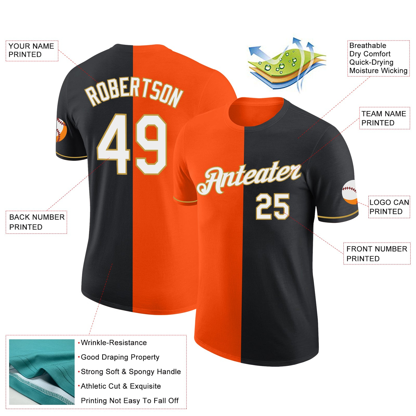 Custom Black Orange-Old Gold Split Fashion Performance T-Shirt