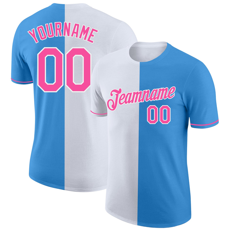 Custom Powder Blue Pink-White Split Fashion Performance T-Shirt