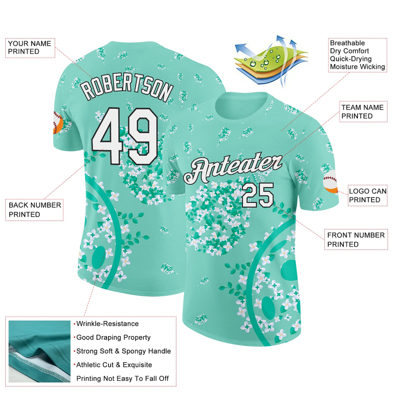 Custom Green White-Black 3D Pickleball Paddles Balls Floral Performance T-Shirt