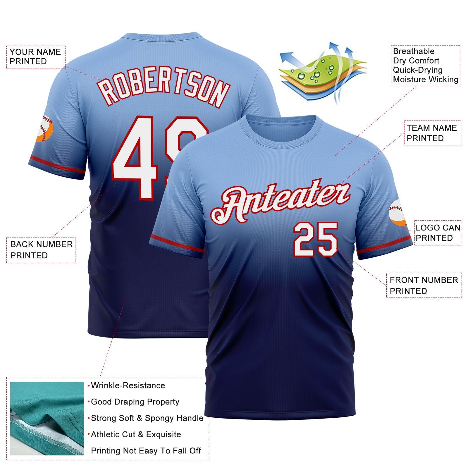 Custom Light Blue Navy-Red Fade Fashion Performance T-Shirt