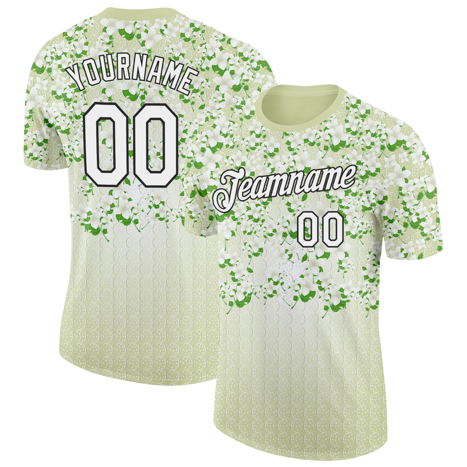 Custom Green White-Black 3D Pickleball Balls Floral Performance T-Shirt