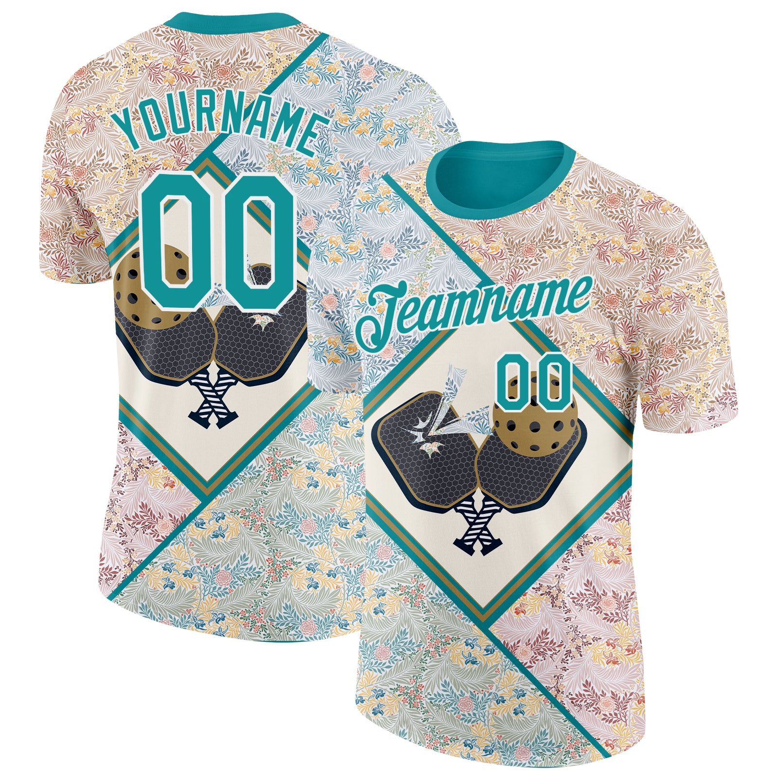 Custom Cream Teal-White 3D Pickleball Paddles Balls Floral Performance T-Shirt