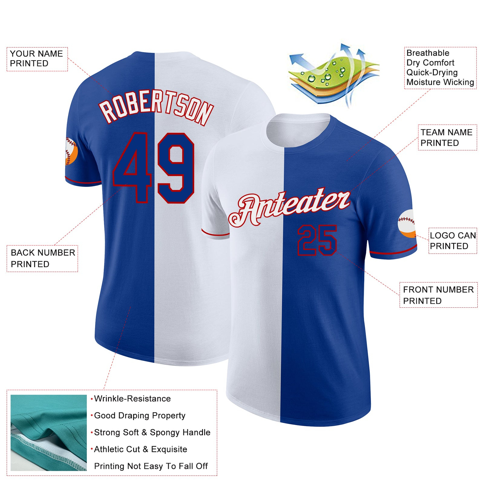 Custom Royal White-Red Split Fashion Performance T-Shirt