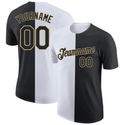 Custom Black White-Vegas Gold Split Fashion Performance T-Shirt