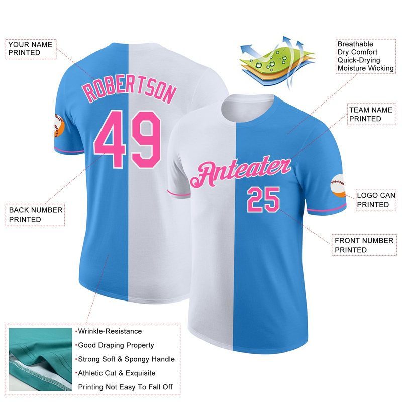 Custom Powder Blue Pink-White Split Fashion Performance T-Shirt