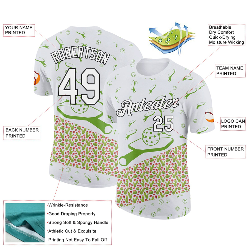Custom White Black 3D Pickleball Paddles Balls Cactus Performance T-Shirt