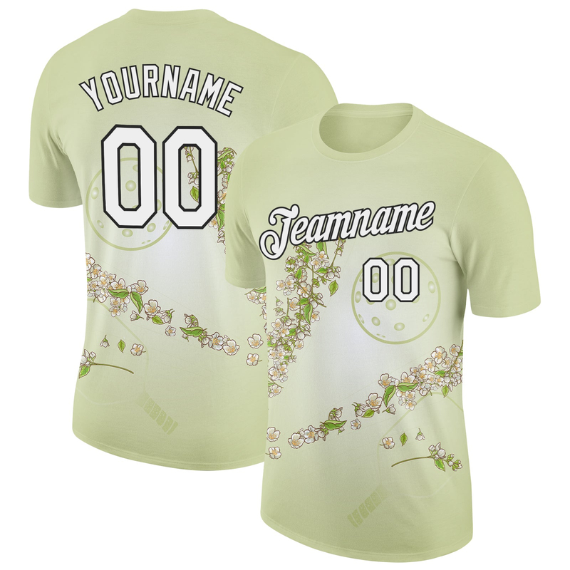 Custom Green White-Black 3D Pickleball Paddles Balls Floral Performance T-Shirt