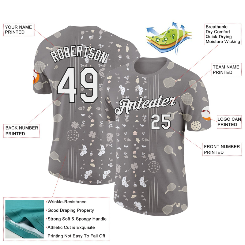 Custom Gray White-Black 3D Pickleball Paddles Balls Floral Performance T-Shirt