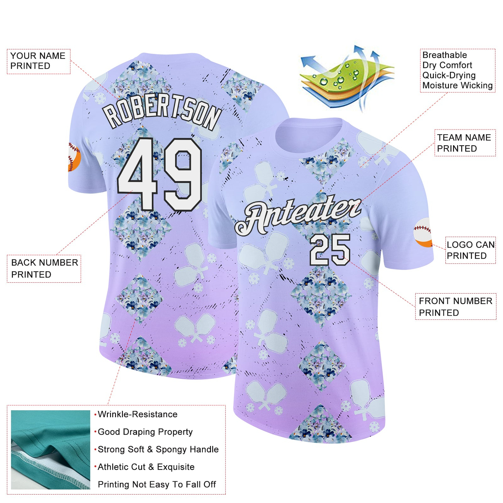 Custom Purple White-Black 3D Pickleball Paddles Balls Floral Performance T-Shirt