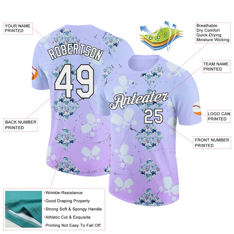 Custom Purple White-Black 3D Pickleball Paddles Balls Floral Performance T-Shirt