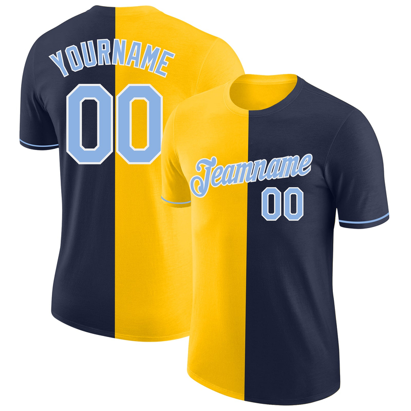 Custom Navy Light Blue-Yellow Split Fashion Performance T-Shirt