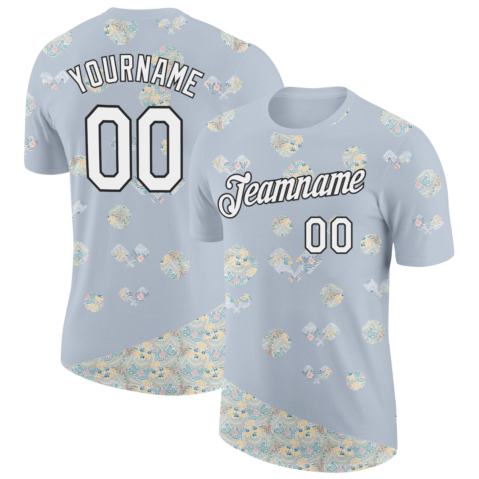 Custom Silver White-Black 3D Pickleball Paddles Balls Floral Performance T-Shirt