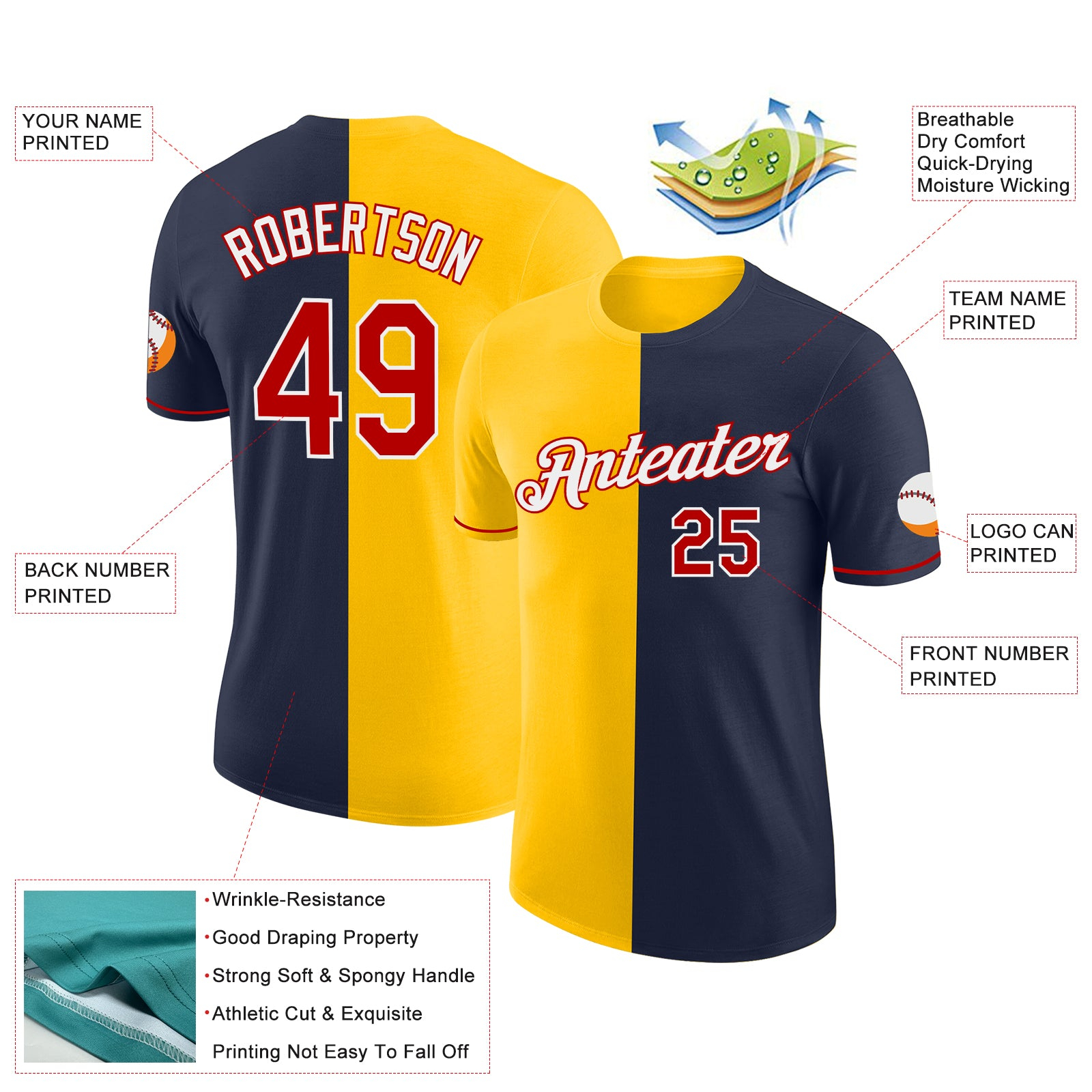 Custom Navy Red-Yellow Split Fashion Performance T-Shirt