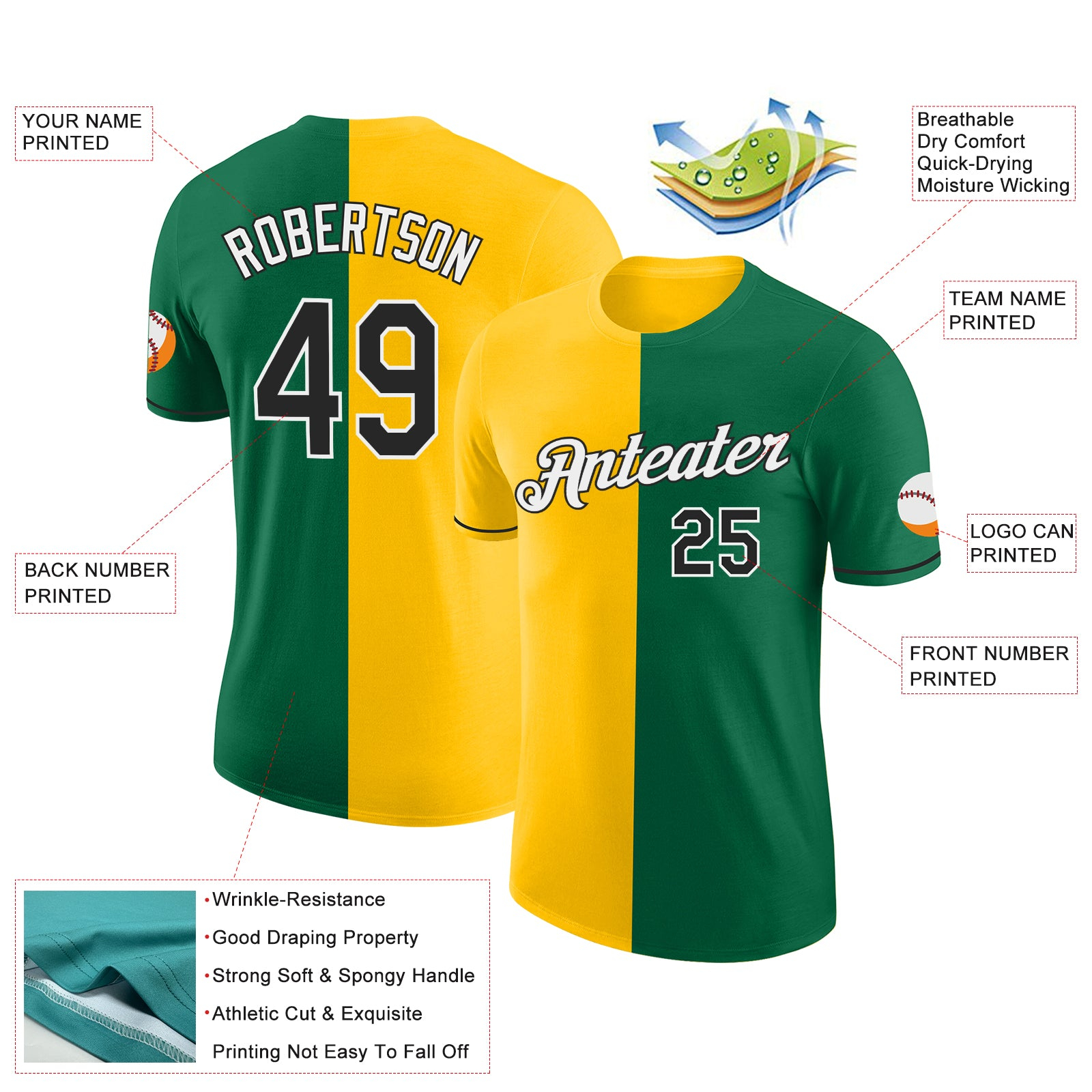 Custom Kelly Green Black-Yellow Split Fashion Performance T-Shirt