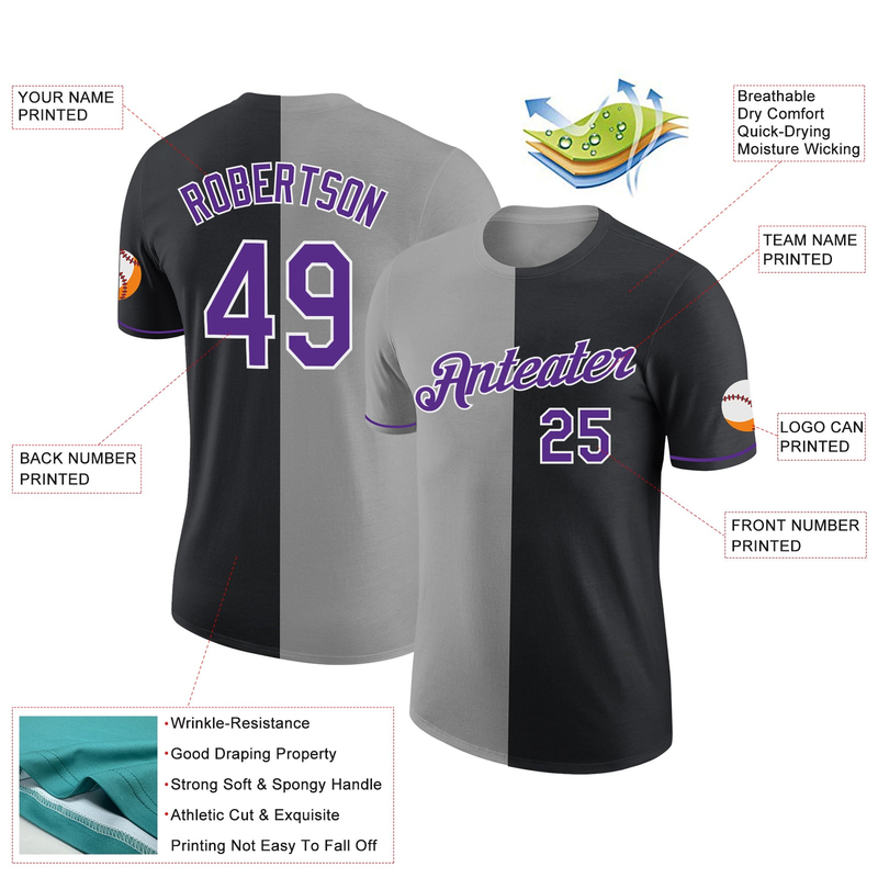 Custom Black Purple-Gray Split Fashion Performance T-Shirt