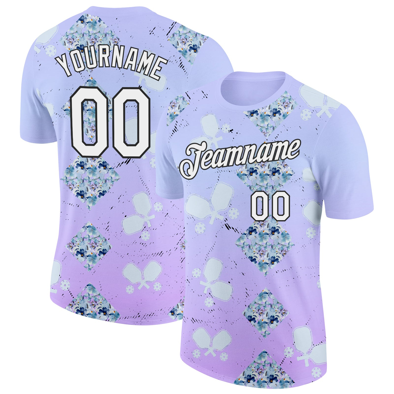 Custom Purple White-Black 3D Pickleball Paddles Balls Floral Performance T-Shirt