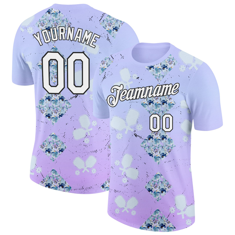 Custom Purple White-Black 3D Pickleball Paddles Balls Floral Performance T-Shirt