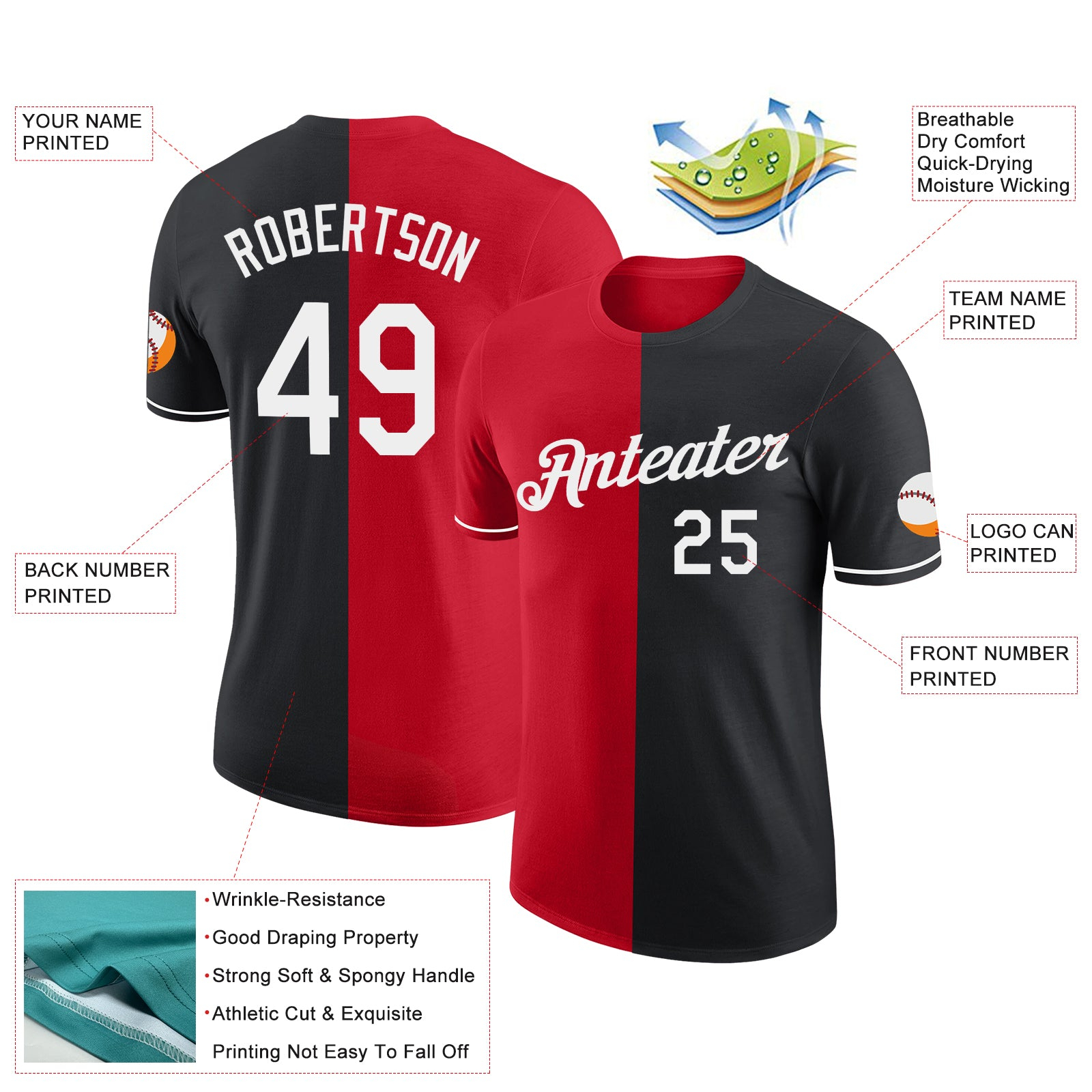 Custom Black White-Red Split Fashion Performance T-Shirt