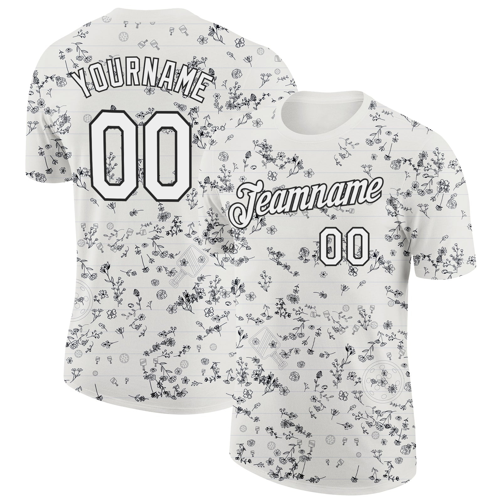 Custom Cream White-Black 3D Pickleball Paddles Balls Floral Performance T-Shirt