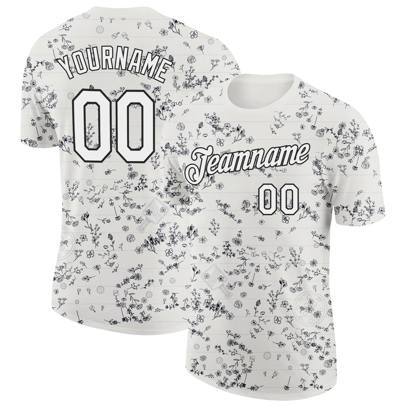 Custom Cream White-Black 3D Pickleball Paddles Balls Floral Performance T-Shirt