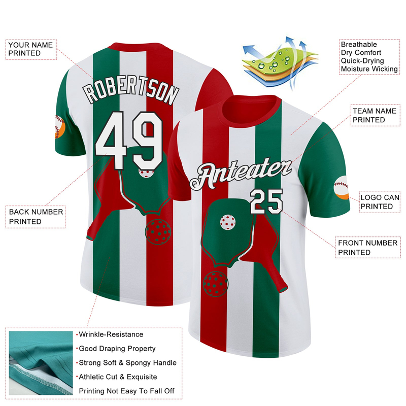 Custom Red White Green-Black 3D Pickleball Paddles Balls Performance T-Shirt