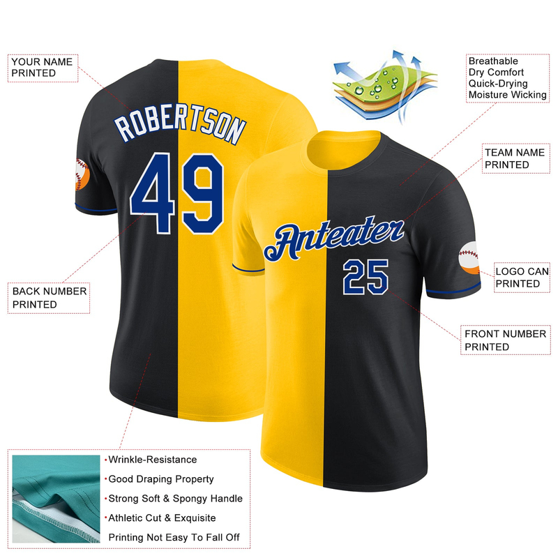 Custom Black Royal-Yellow Split Fashion Performance T-Shirt