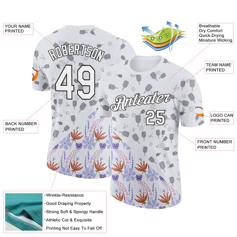 Custom White Black 3D Pickleball Paddles Balls Floral Performance T-Shirt