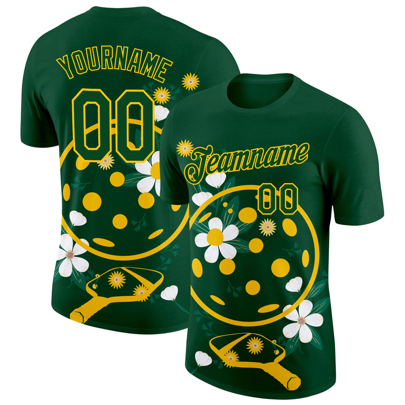 Custom Green Yellow 3D Pickleball Paddles Balls Floral Performance T-Shirt