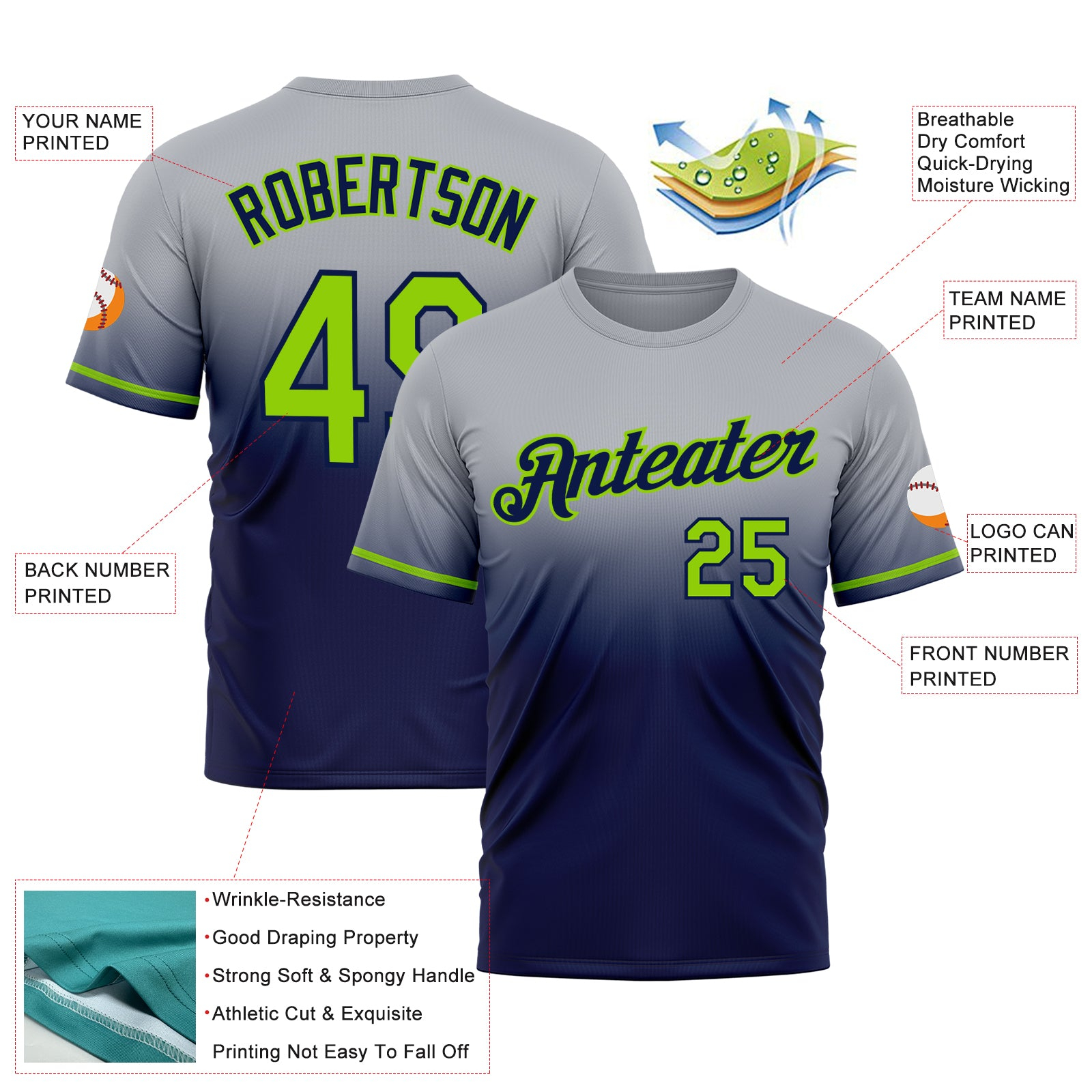 Custom Gray Neon Green-Navy Fade Fashion Performance T-Shirt