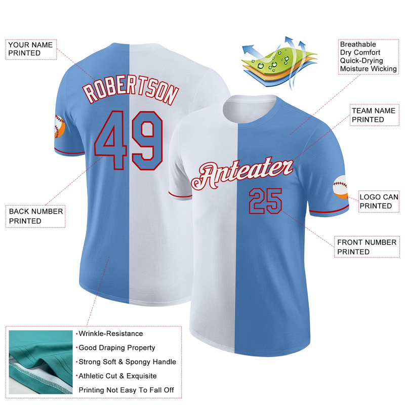 Custom Light Blue White-Red Split Fashion Performance T-Shirt