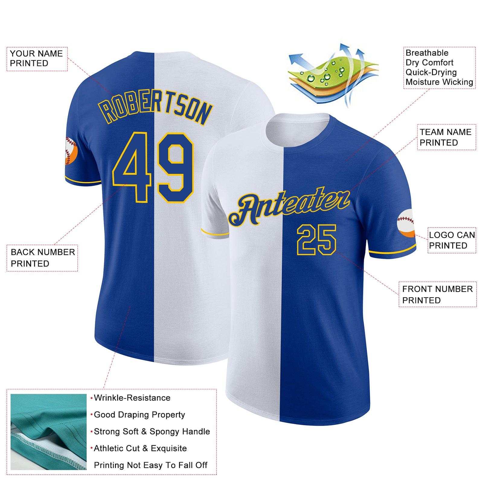 Custom Royal White-Yellow Split Fashion Performance T-Shirt