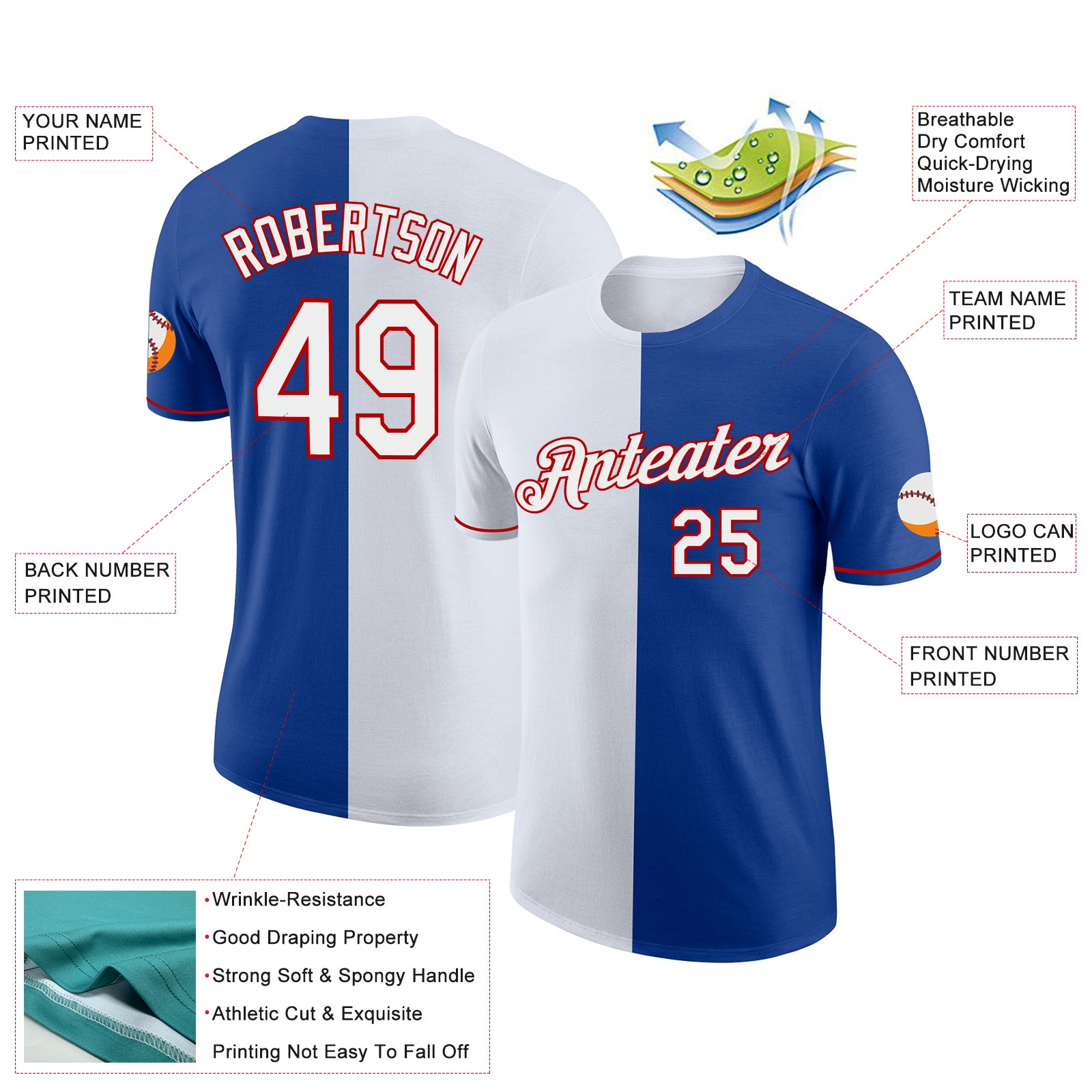 Custom Royal White-Red Split Fashion Performance T-Shirt