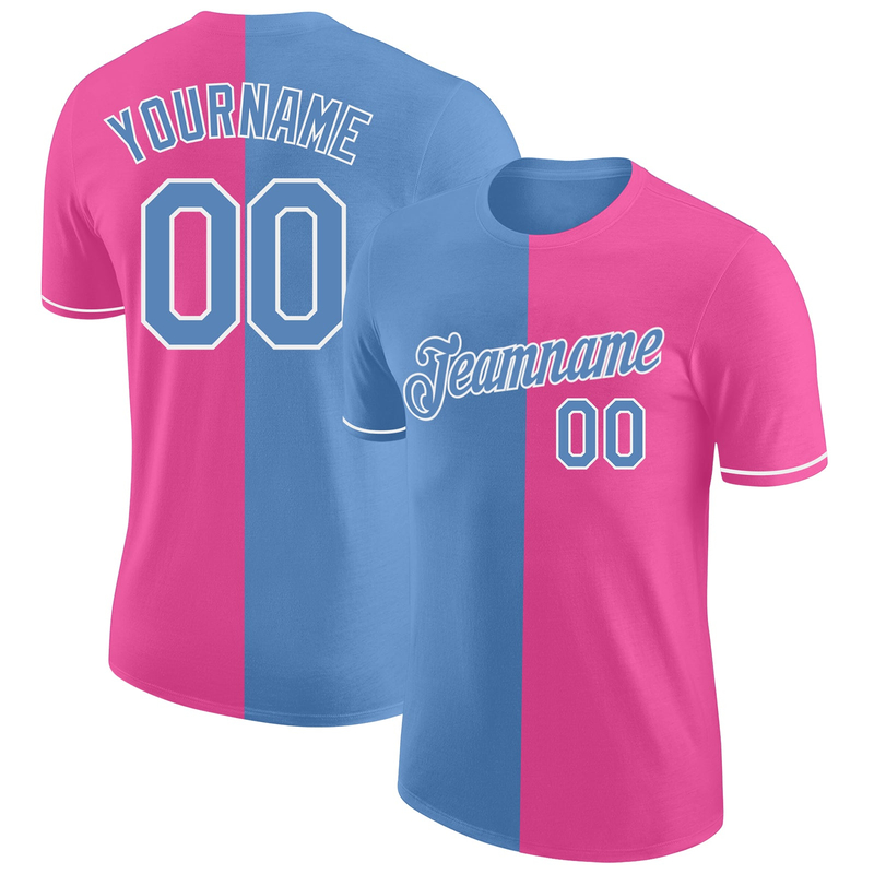 Custom Pink Light Blue-White Split Fashion Performance T-Shirt