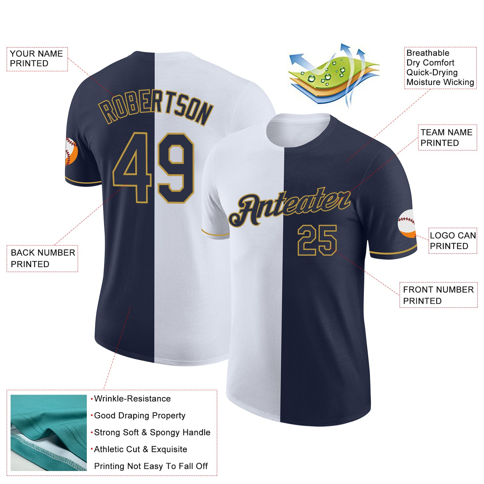 Custom Navy White-Old Gold Split Fashion Performance T-Shirt