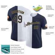 Custom Navy White-Old Gold Split Fashion Performance T-Shirt