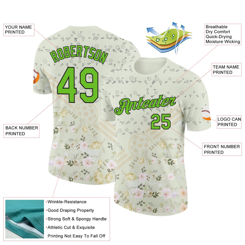 Custom Cream Aurora Green-Black 3D Pickleball Paddles Balls Floral Performance T-Shirt