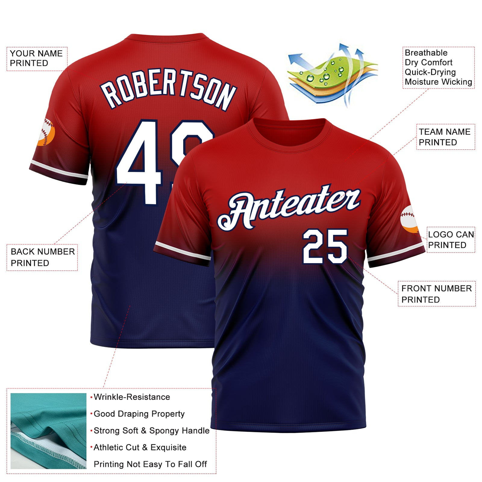 Custom Red White-Navy Fade Fashion Performance T-Shirt