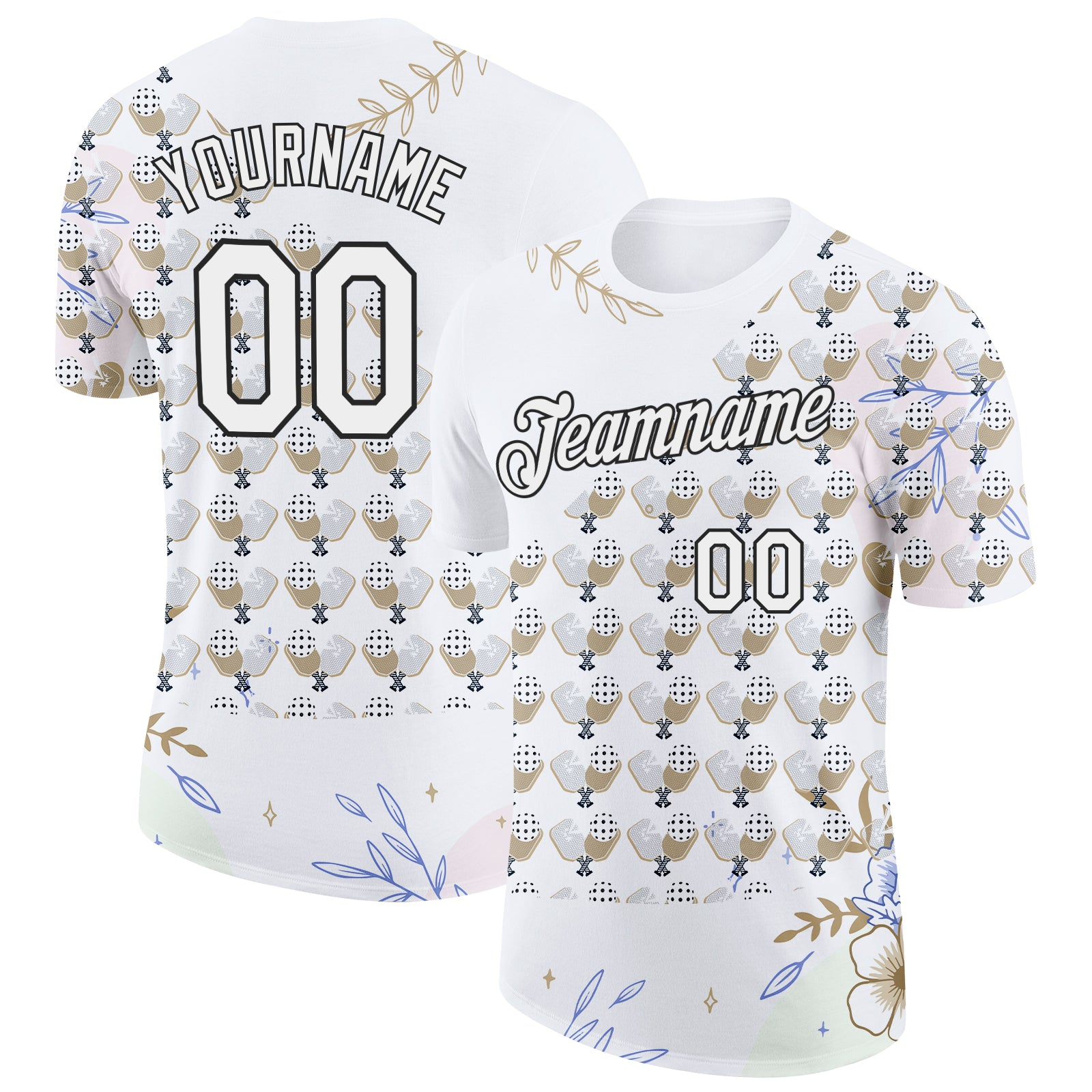 Custom White Black 3D Pickleball Paddles Balls Floral Performance T-Shirt