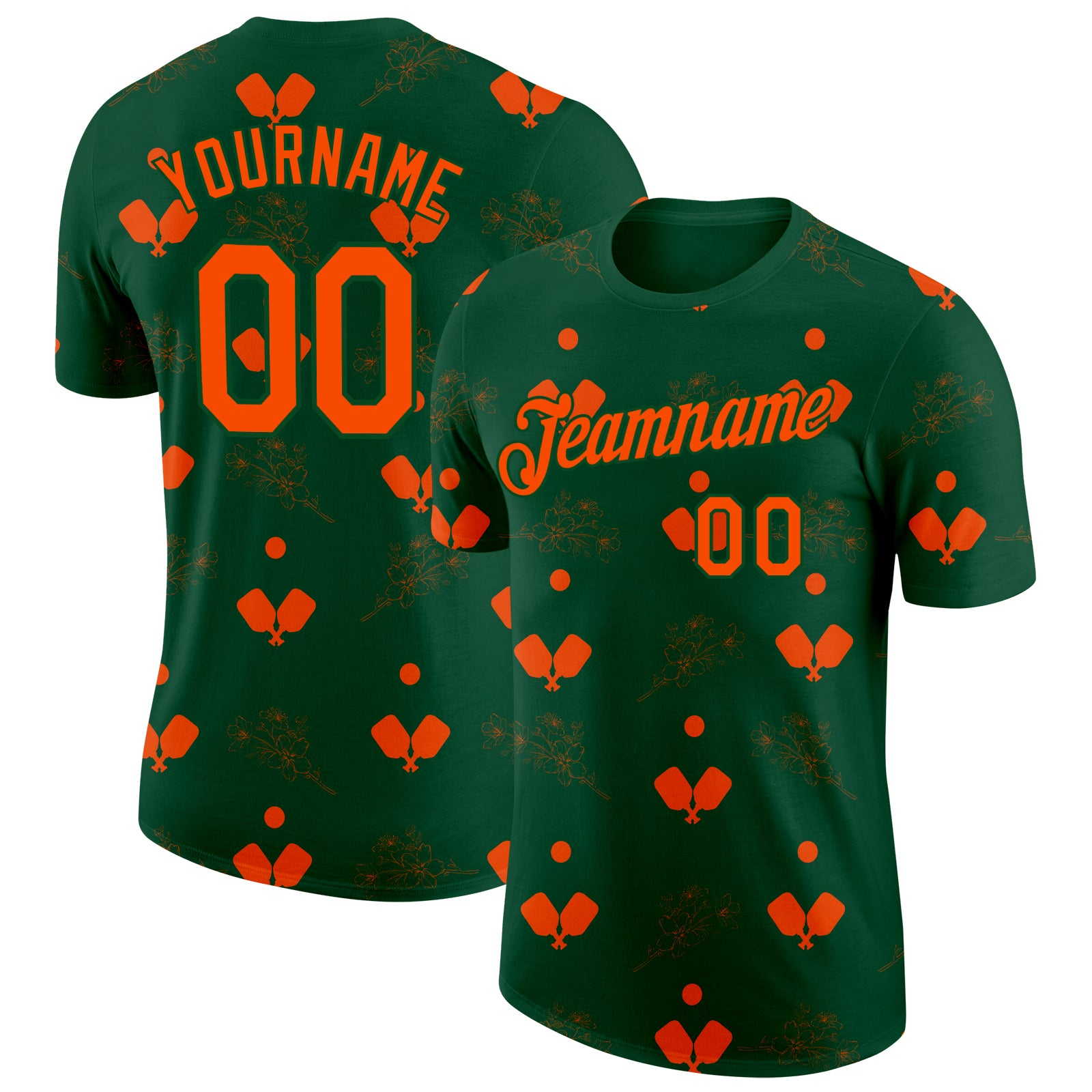 Custom Green Orange 3D Pickleball Paddles Balls Floral Performance T-Shirt