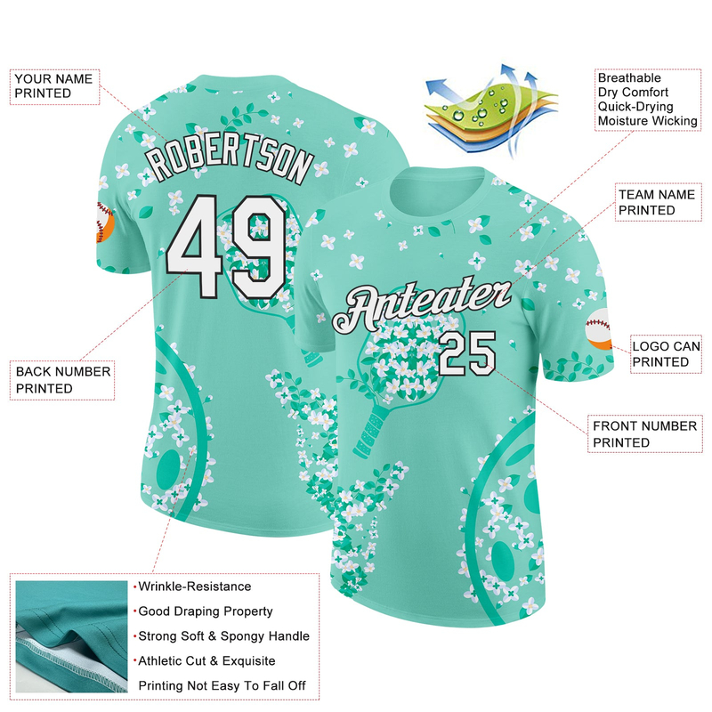 Custom Green White-Black 3D Pickleball Paddles Balls Floral Performance T-Shirt