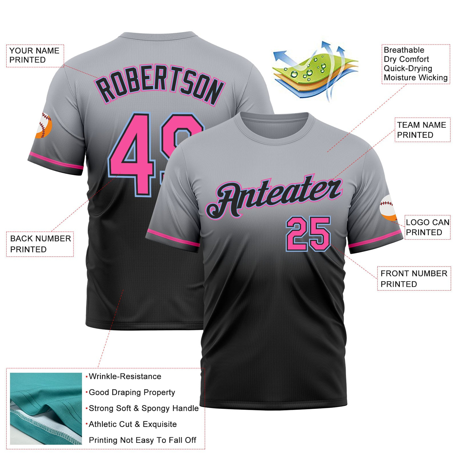 Custom Gray Pink Black-Light Blue Fade Fashion Performance T-Shirt