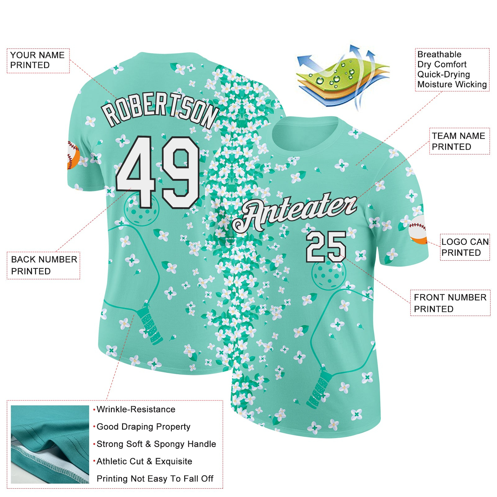 Custom Green White-Black 3D Pickleball Paddles Balls Floral Performance T-Shirt