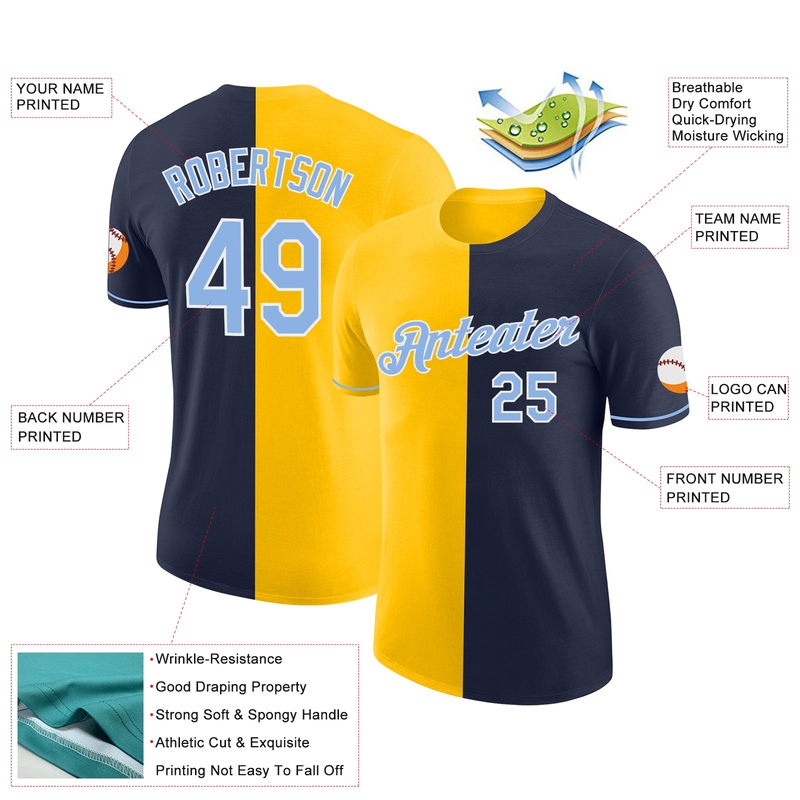 Custom Navy Light Blue-Yellow Split Fashion Performance T-Shirt