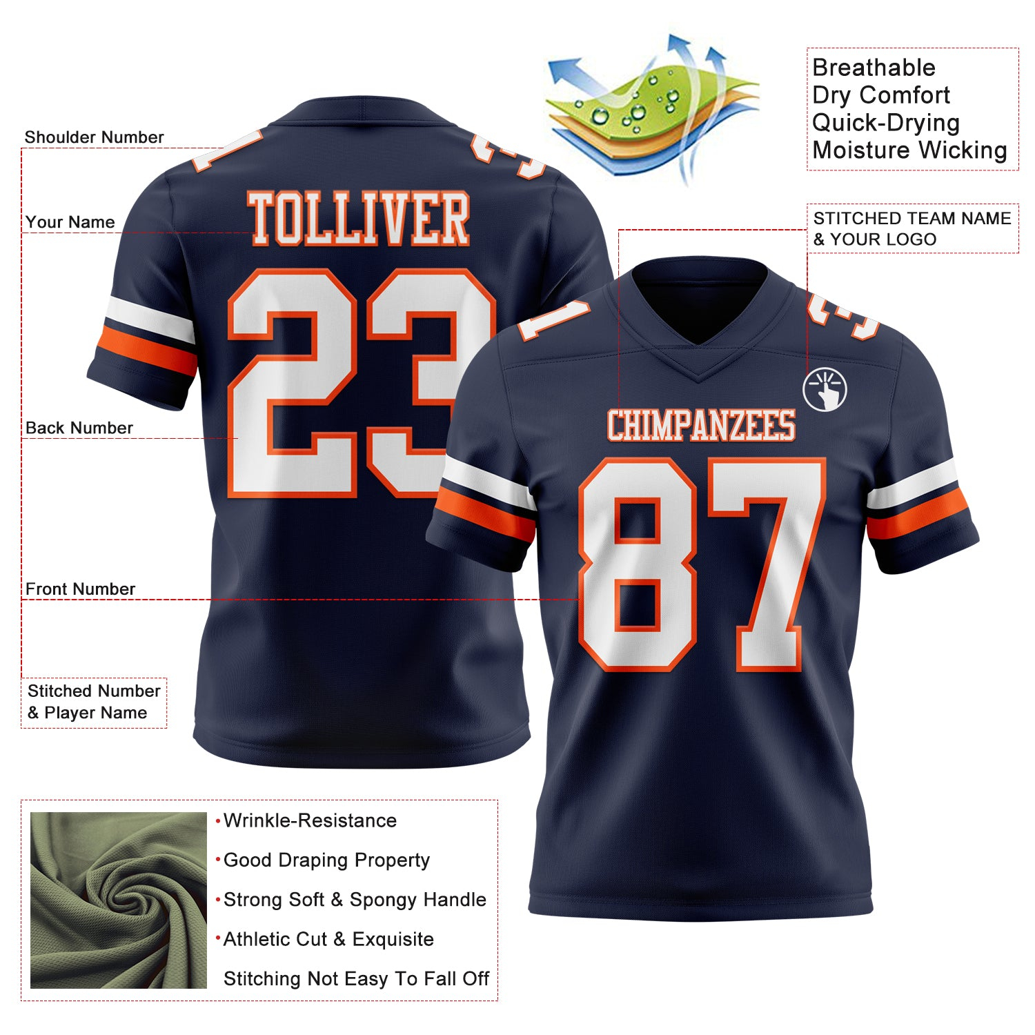 Custom Navy White-Orange Authentic Football Jersey